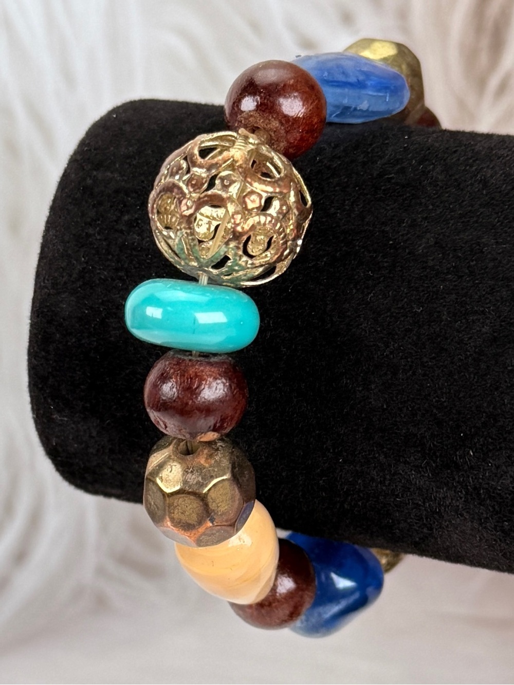 Bohemian Aged Goldtone Filigree Multicolor Beaded Stretch Bracelet